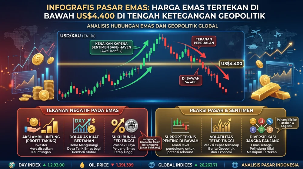 Harga Emas Tertekan di Bawah US$4.400 di Tengah Ketegangan Geopolitik