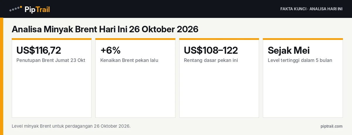 Analisa Minyak Brent Hari Ini 26 Oktober 2026: Bertahan di Dekat US$117, Tertinggi Sejak Mei di Tengah Risiko Pasokan Timur Tengah 2 Fakta kunci: Analisa Minyak Brent Hari Ini 26 Oktober 2026: Bertahan di Dekat US$117, Tertinggi Sejak Mei di Tengah Risiko Pasokan Timur Tengah