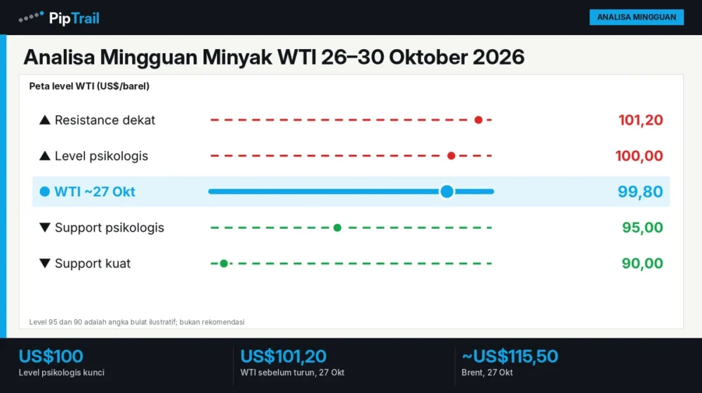 Analisa Mingguan Minyak WTI 26–30 Oktober 2026: Menguji Level Psikologis US$100 di Tengah Harapan De-eskalasi AS–Iran 1 Analisa Mingguan Minyak WTI 26–30 Oktober 2026: Menguji Level Psikologis US$100 di Tengah Harapan De-eskalasi AS–Iran