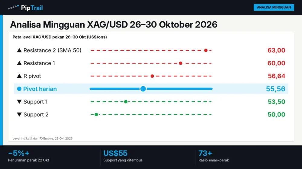 Analisa Mingguan XAG/USD 26–30 Oktober 2026: Perak Tembus ke Bawah US$55, Rasio Emas-Perak Naik di Atas 73