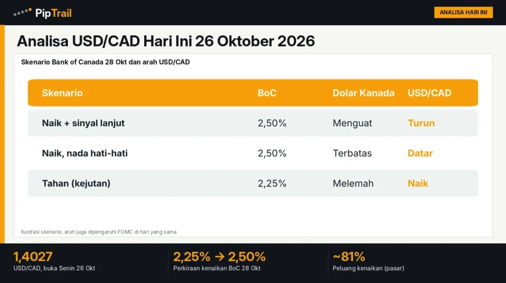 Analisa USD/CAD Hari Ini 26 Oktober 2026: Di 1,4027 Jelang Bank of Canada, Pasar Hitung Peluang 81% Kenaikan Pertama dalam Setahun 1 Analisa USD/CAD Hari Ini 26 Oktober 2026: Di 1,4027 Jelang Bank of Canada, Pasar Hitung Peluang 81% Kenaikan Pertama dalam Setahun