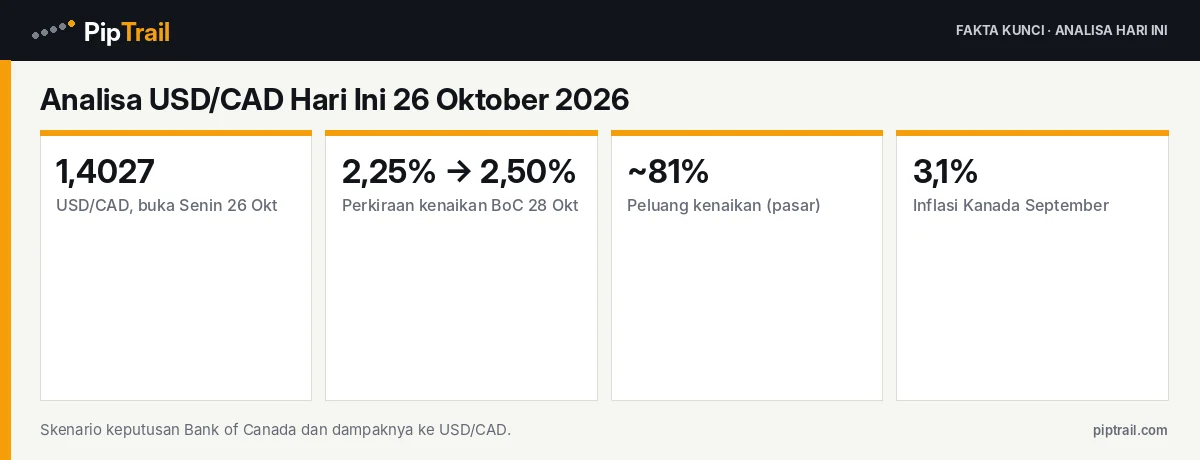 Analisa USD/CAD Hari Ini 26 Oktober 2026: Di 1,4027 Jelang Bank of Canada, Pasar Hitung Peluang 81% Kenaikan Pertama dalam Setahun 2 Fakta kunci: Analisa USD/CAD Hari Ini 26 Oktober 2026: Di 1,4027 Jelang Bank of Canada, Pasar Hitung Peluang 81% Kenaikan Pertama dalam Setahun