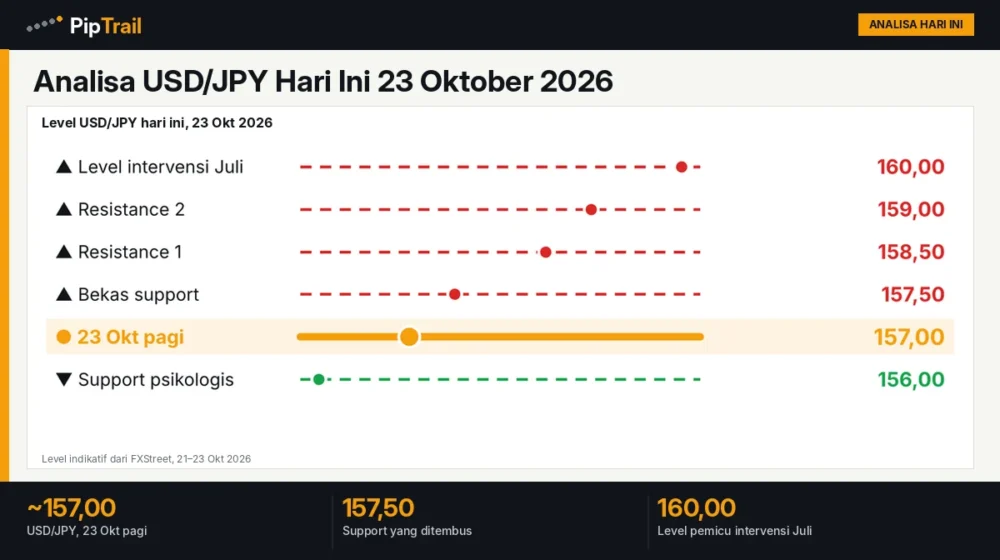 Analisa USD/JPY Hari Ini 23 Oktober 2026: Turun ke Sekitar 157,00 Usai Tembus Support 157,50, Waspadai Level Intervensi