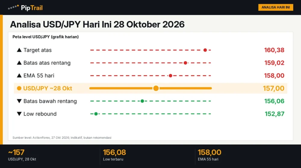 Analisa USD/JPY Hari Ini 28 Oktober 2026: Kembali ke Sekitar 157 setelah Sentuh 156,08, Rentang 156,06–159,02 Jelang FOMC dan BoJ
