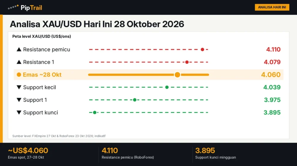Analisa XAU/USD Hari Ini 28 Oktober 2026: Emas Bertahan di Sekitar US$4.060, Resistance 4.079 dan 4.110 Jelang FOMC