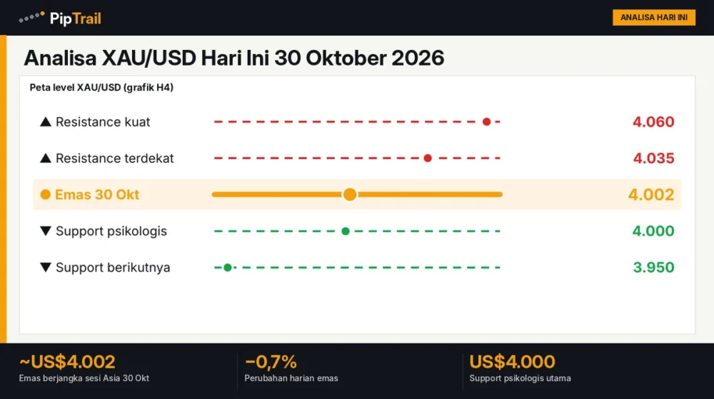 Analisa XAU/USD Hari Ini 30 Oktober 2026: Emas Uji US$4.000 setelah PDB AS 3,4%
