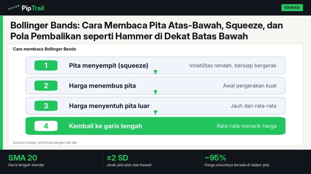 Bollinger Bands: Cara Membaca Pita Atas-Bawah, Squeeze, dan Pola Pembalikan seperti Hammer di Dekat Batas Bawah 1 Bollinger Bands: Cara Membaca Pita Atas-Bawah, Squeeze, dan Pola Pembalikan seperti Hammer di Dekat Batas Bawah