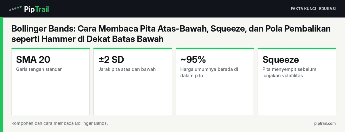 Bollinger Bands: Cara Membaca Pita Atas-Bawah, Squeeze, dan Pola Pembalikan seperti Hammer di Dekat Batas Bawah 2 Fakta kunci: Bollinger Bands: Cara Membaca Pita Atas-Bawah, Squeeze, dan Pola Pembalikan seperti Hammer di Dekat Batas Bawah