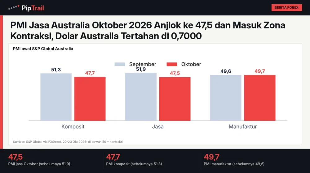 PMI Jasa Australia Oktober 2026 Anjlok ke 47,5 dan Masuk Zona Kontraksi, Dolar Australia Tertahan di 0,7000