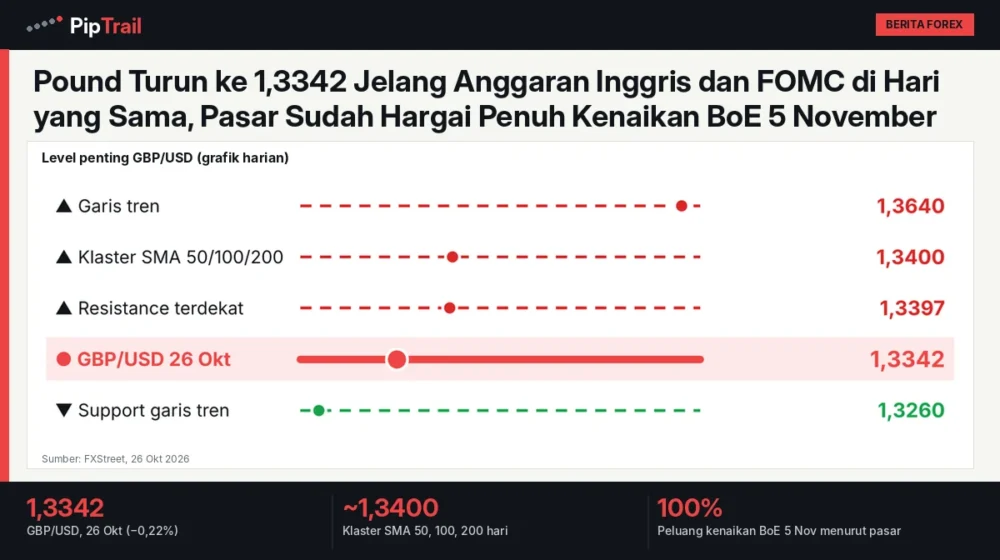 Pound Turun ke 1,3342 Jelang Anggaran Inggris dan FOMC di Hari yang Sama, Pasar Sudah Hargai Penuh Kenaikan BoE 5 November