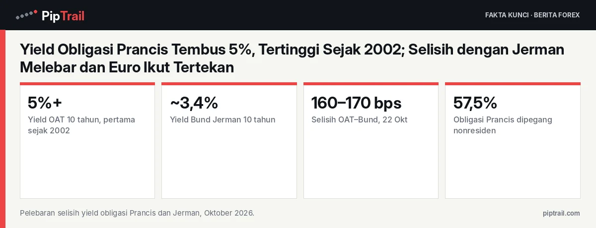 Yield Obligasi Prancis Tembus 5%, Tertinggi Sejak 2002; Selisih dengan Jerman Melebar dan Euro Ikut Tertekan 2 Fakta kunci: Yield Obligasi Prancis Tembus 5%, Tertinggi Sejak 2002; Selisih dengan Jerman Melebar dan Euro Ikut Tertekan